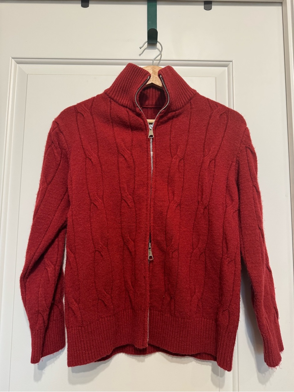 Women's Red Cable Zip-Up Turtleneck Sweater - Picture 2 of 3